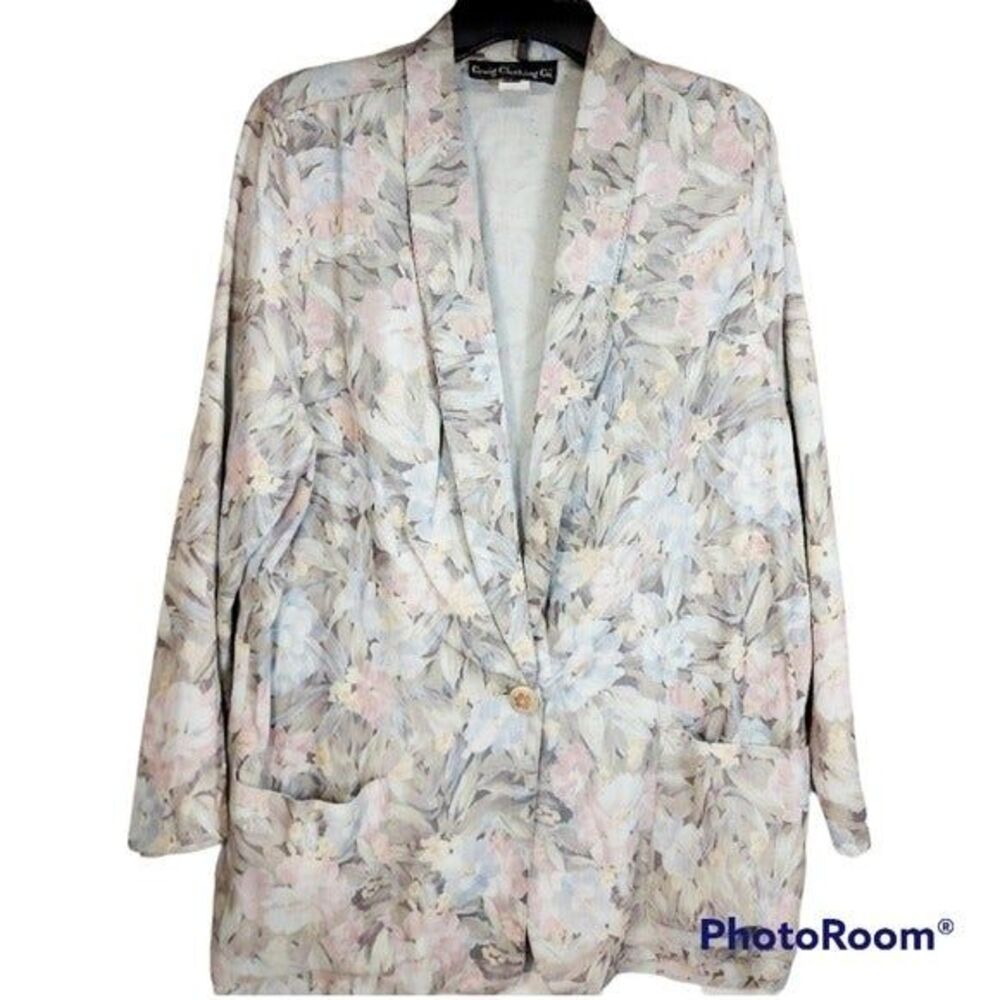 * Craig clothing co large women floral blazer linen blend pockets tan pink yello